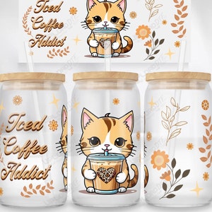 Cute Kitten • 2 sizes • UVDTF • Sublimation • 16oz & 20oz Glass Can • Png Files Digital Download • Cat with Flowers