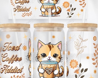 Cute Kitten • 2 sizes • UVDTF • Sublimation • 16oz & 20oz Glass Can • Png Files Digital Download • Cat with Flowers