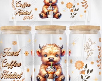 Highland Cow • 2 sizes • UVDTF • Sublimation • 16oz & 20oz Glass Can • Png Files Digital Download • Highland cow with Flowers