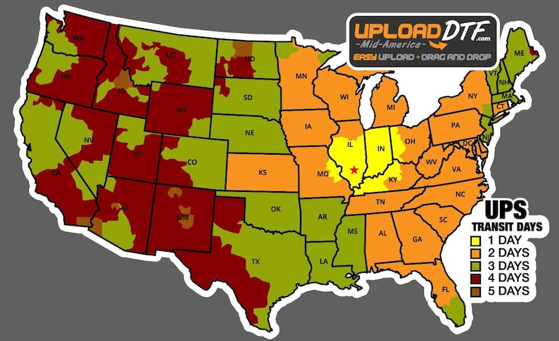 Pode incluir: Um mapa dos Estados Unidos cont&iacute;guos mostrando os dias de tr&acirc;nsito da UPS. O mapa &eacute; codificado por cores para mostrar a quantidade de dias que s&atilde;o necess&aacute;rios para enviar um pacote de uma localiza&ccedil;&atilde;o central para cada estado. 1 dia &eacute; mostrado em amarelo, 2 dias em laranja, 3 dias em vermelho, 4 dias em marrom e 5 dias em marrom escuro.