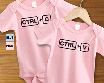 Control C Control V Copy Paste Twin Girls and Boys Pink Funny One Piece Shirt Baby Shower Gift