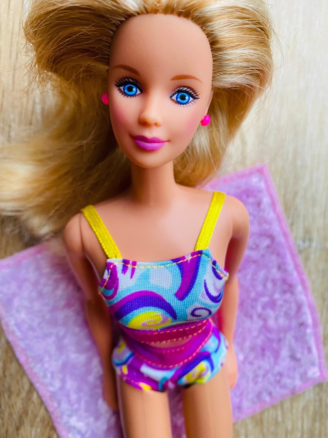 Barbie Doll Bathing Suit Pucci Swirl Top and Bottom With a Furry Pink