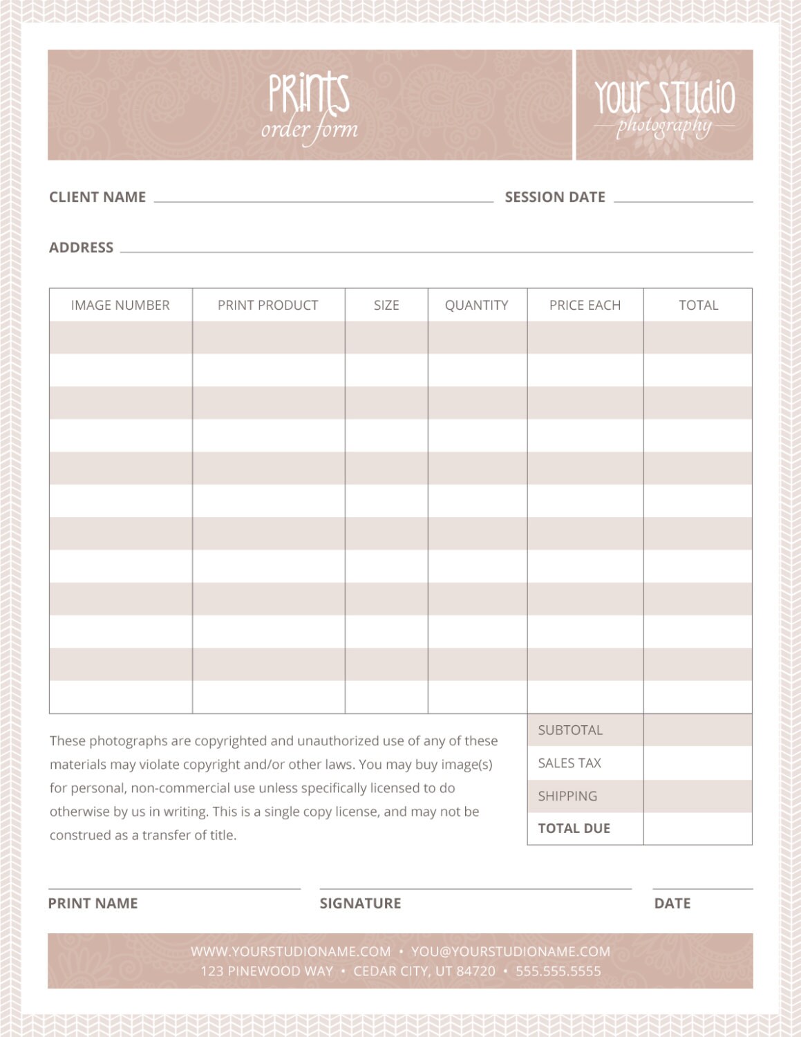 Prints Order Form Template for Photographers Photographer Etsy