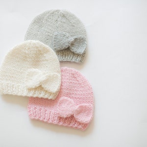Cashmere baby hat with bow / newborn girl beanie / hand knit hat / baby girl hat / baby shower gift / newborn photo prop image 1
