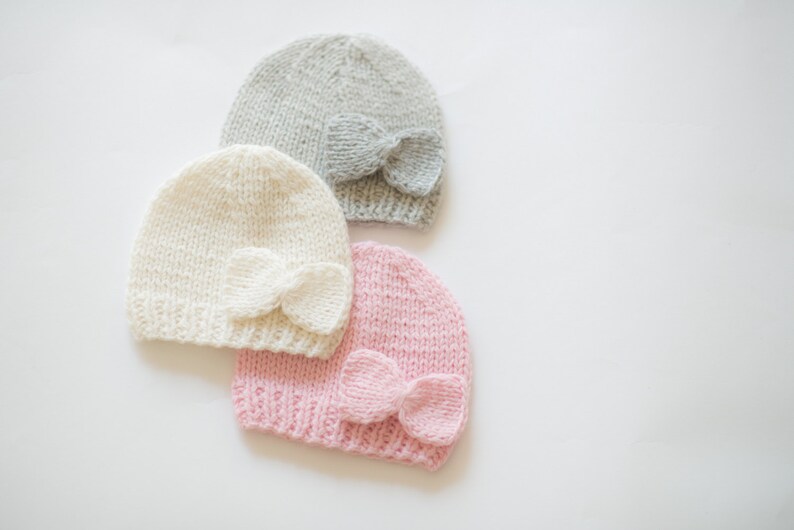 Cashmere baby hat with bow / newborn girl beanie / hand knit hat / baby girl hat / baby shower gift / newborn photo prop image 1