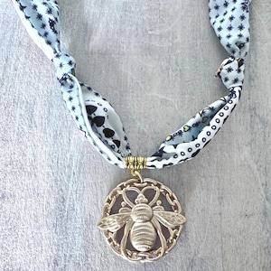 Honeybee Pendant Silk Scarf Necklace | Pale Blue, Pink & White Bee Motif | 24” Adjustable Tie | Statement or Layered Necklace | Bee Lover