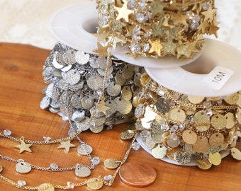 1' /  2 ' feet STAR COIN 4mm CZ Crystal Textured Charms Drop Chain Rosary Jewelry Chain with Beads Gold Plated Brass