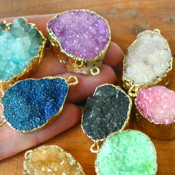 1 / 2 pcs Druzy 30mm Freeform CONNECTOR Link Pendant quartz slab pendant bead gemstone organic shape - purple - yellow - red - gold edge