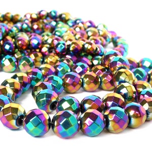 15 3mm 4mm 6mm 8mm 10mm Rainbow Hematite Faceted Round Beads Gemstone ...