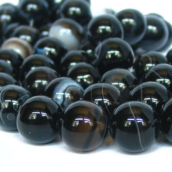 15" 8mm 10mm 12mm 14mm Agate round Beads polished Gemstone - black  - full strand - PICK SIZE