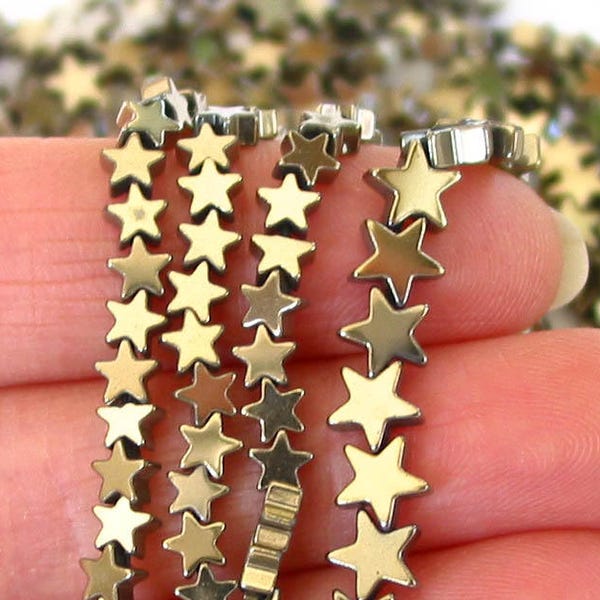15" 4mm 6mm 8mm 10mm Pyrite Color Hematite carved star Beads gemstone -  plated - non magnetic - PICK SIZE
