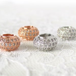 1 / 2 pcs 10mm Cubic Zirconia Pave Rondelle Large hole metal Beads - Silver / Rose Gold - CZ Diamond Charm