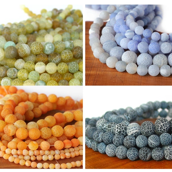 15" 6mm 8mm 10mm Fire Agate Round Beads gemstone crackled matte frosted etched -  Yellow Green Blue Black