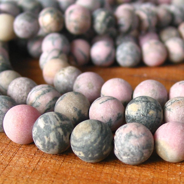 15"  10mm Rhodonite Black Veined Pink PLAIN round Beads FROSTED matte Gemstone - Half / Full strand