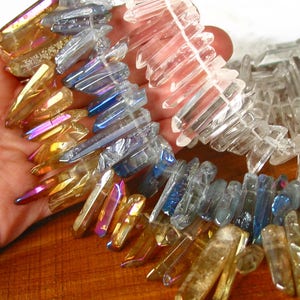 15&quot; 15mm 30mm Rock Crystal SMOOTH point stick quartz beads gemstone - Clear Golden Mystic Bluie Gray coated - PICK Color