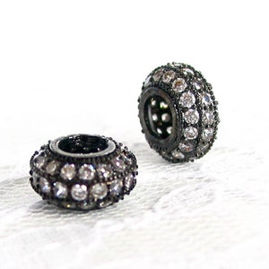 1 / 2 pcs 13mm Cubic Zirconia Pave Rondelle Large hole metal Beads - Gunmetal - CZ Diamond Charm