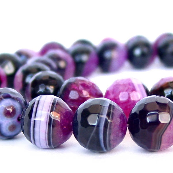 14" 12mm Agate with Quartz faceted round Beads polished Gemstone - black fuchsia purple - full strand