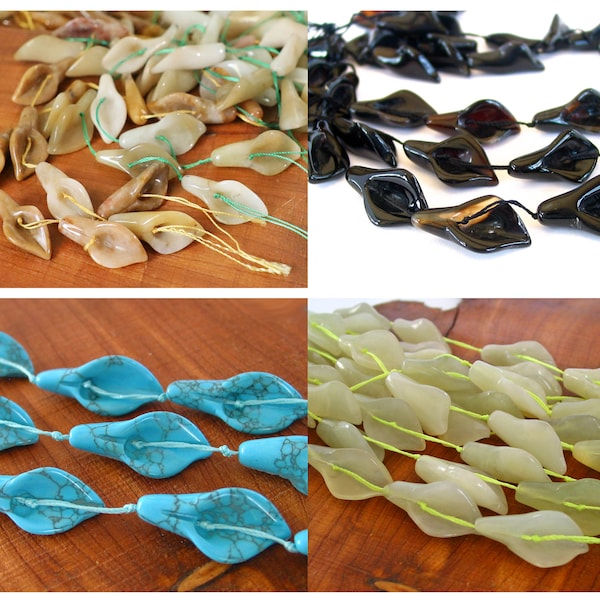 15" 9pcs 36mm LARGE calla lily flower carved Beads polished Gemstone - Black Agate - Turquoise Blue Magnesite - Jade