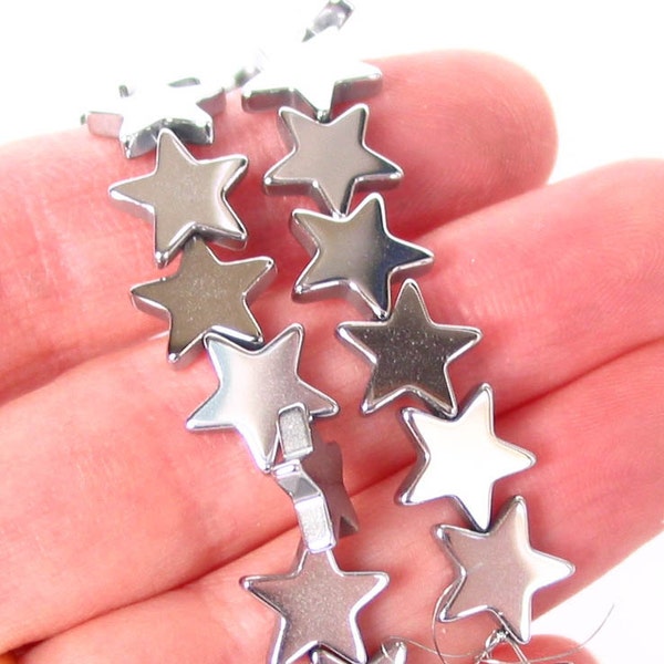 15" 4mm 6mm 8mm 10mm Silver Hematite carved star Beads gemstone -  rhodium plated - non magnetic - PICK SIZE