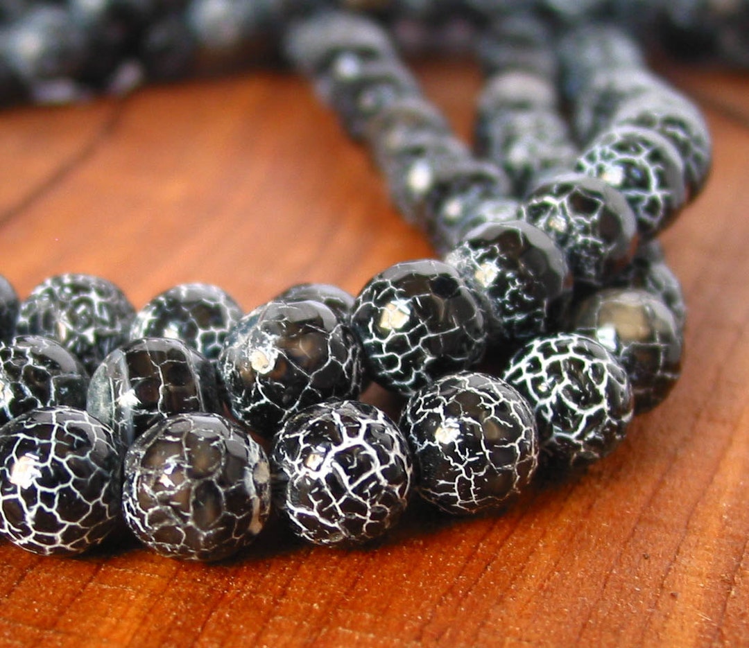 14 6mm 8mm 10mm 12mm Black Fire Agate FACETED Round Beads Crackled