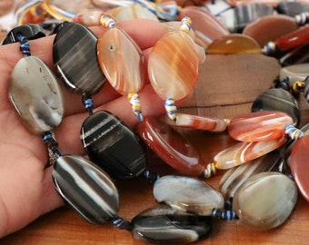 14" 30mm OVAL Agate puffed slab Beads Gemstone - Red Black - Striped Banded - PICK Color
