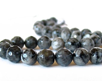 15" 8mm 10mm 12mm 16mm 18mm Larvikite - Black Labradorite - FACETED gemstone round Beads  - full strand - PICK Size