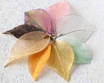 1 colgante con dije de hoja REAL de 55 mm, 65 mm y 70 mm chapado en Mystic AB, titanio, plata, rosa, cobre antiguo y oro. Accesorios de metal. Elige el color