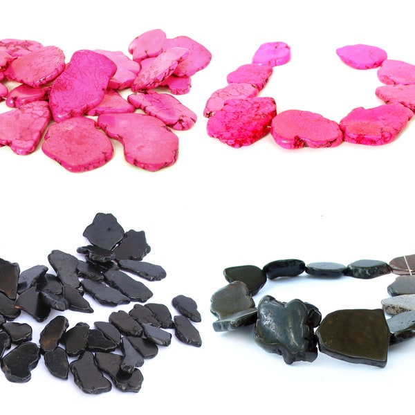 7" / 15" 25mm 35mm Magnesite TOP /  LENGTH drilled slab freeform flat pebble drop pendant beads gemstone - Black - Pink