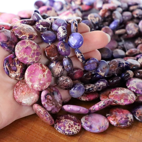 15" 12mm 20mm Terra Jasper flat puffed COIN gemstone beads - snakeskin - imperssion jasper - sea sediment - Purple - PICK