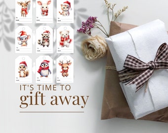 Printable Christmas Gift Tags • Set of 9 Tags • Assorted Cute Animal Christmas • Print & Gift