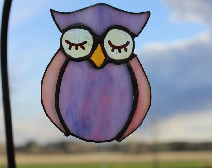 Sleepy Owl purple stained glass suncatcher window decor art