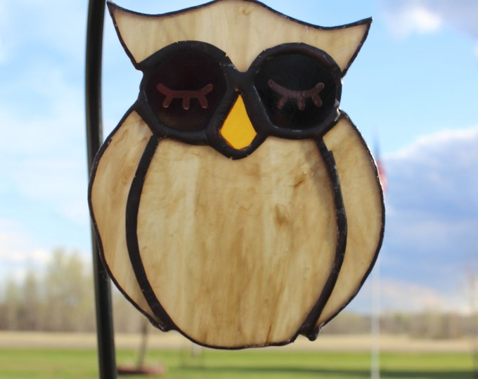 Sleepy Owl Brown and Tan stained glass window art hanging