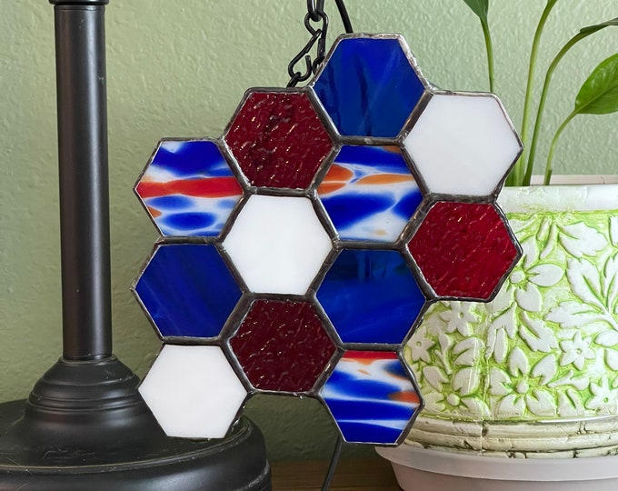 Honeycomb Stained Glass Red White and Blue Patriotic Beekeeper wall hanging ornament decor desktop art Independence Day July 4th
