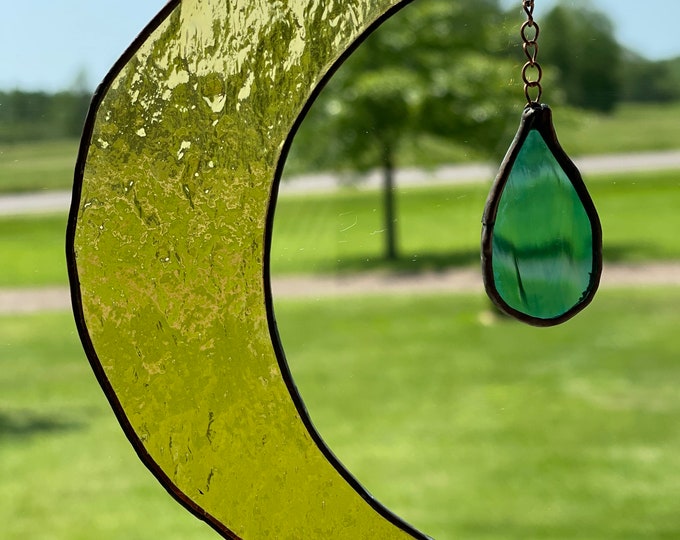 Crescent Moon Drop stained glass window hangings Suncatcher ornament Gold and Aqua.