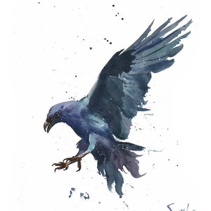 Flying Black Crow Watercolor Bird Painting Art Print by Eric Sweet
