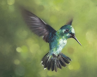 Green Flying Hummingbird Oil Painting Art Print by Eric Sweet