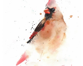 May include: Watercolor painting of a cardinal bird. The bird is depicted in shades of tan, brown, and red, with a red crest and beak. Splatters of red and brown paint surround the bird against a white background. Signed in red ink.