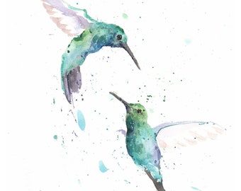 Two Turquoise Hummingbirds Watercolor Painting Art Print by Eric Sweet