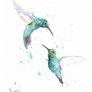 Two Turquoise Hummingbirds Watercolor Painting Art Print by Eric Sweet