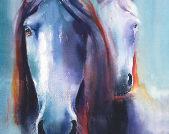 Watercolor Wild Horses Print - Vibrant Equine Painting, Western Boho Wall Art