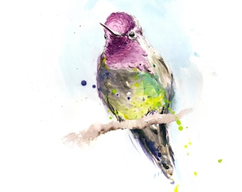 Anna's Hummingbird Watercolor Print - Colorful Bird Wall Art