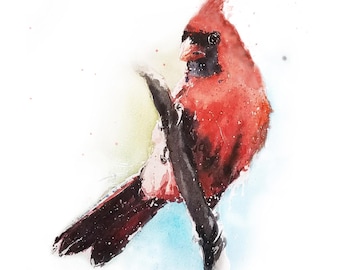 Watercolor Cardinal Print - Red Bird Wall Art, Perched Bird Painting