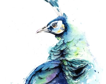 孔雀の絵 - オリジナルの水彩画からのプリント、「虹色」、鳥、孔雀の