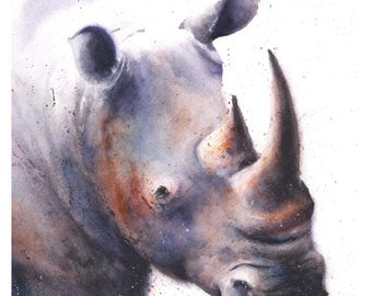 White Rhino Watercolor Print - Hand Painted Wildlife Art
