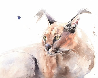 Caracal aquarel kat print - handgeschilderde natuurkunst
