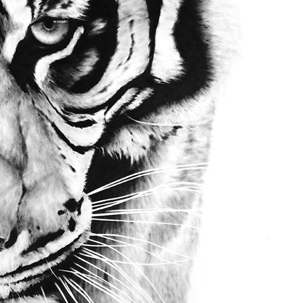 Tiger Wall Art Print, Black and White Tiger Painting, Wildlife Art Print, Large Animal Wall Decor, Safari Home Decor