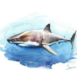 Watercolor great white shark wall art - shark painting, coastal decor, shark nursery art, shark wall art, marine decor, shark gift