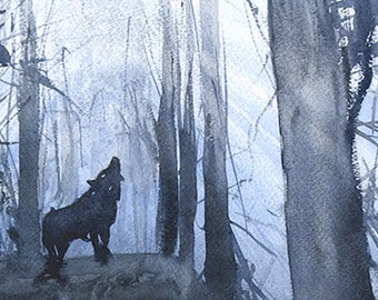 Impresión de acuarela de lobo aullando - Decoración natural, pintura de bosques
