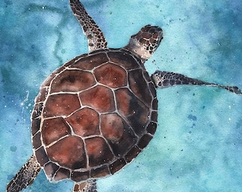 Watercolor sea turtle print, ocean animal wall art, coastal nursery decor, marine life painting, beach house gift, turtle lover artwork