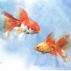 Watercolor goldfish wall art - vibrant fish painting, whimsical aquatic animal decor, aquarium fish art, goldfish painting, aquarium decor